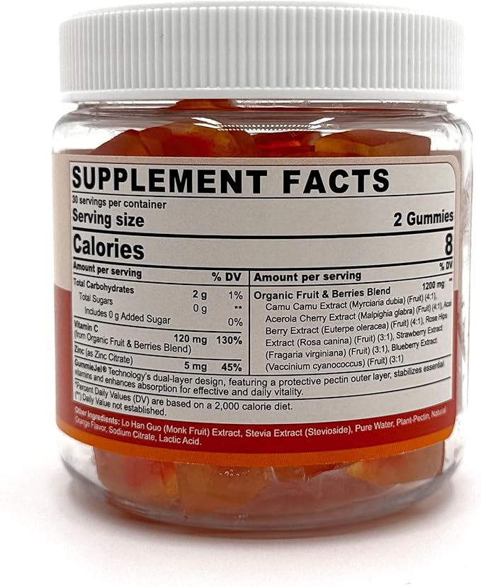 2 Pack - Organic Vitamin C Gummies 120mg for Adults Sugar Free Daily Immune Defense Raw Antioxidant 100% Whole Food Chewable Vitamin C Supplement from 1200mg Berries &amp Fruits for Collagen Veg