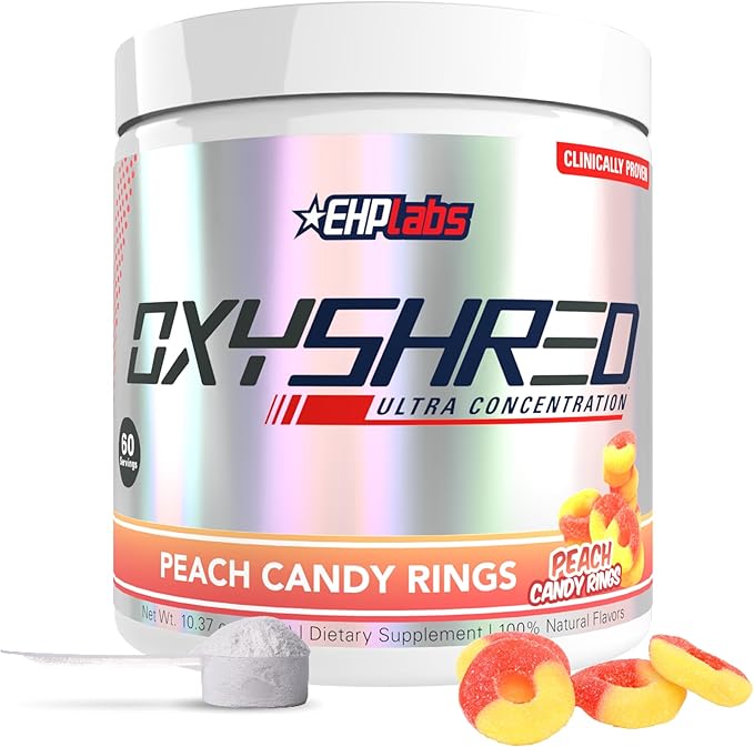 EHP Labs OxyShred Pre Workout Powder - Preworkout Powder with L Glutamine &amp Acetyl L Carnitine Energy Boost Drink - Peach Candy Rings 60 Servings
