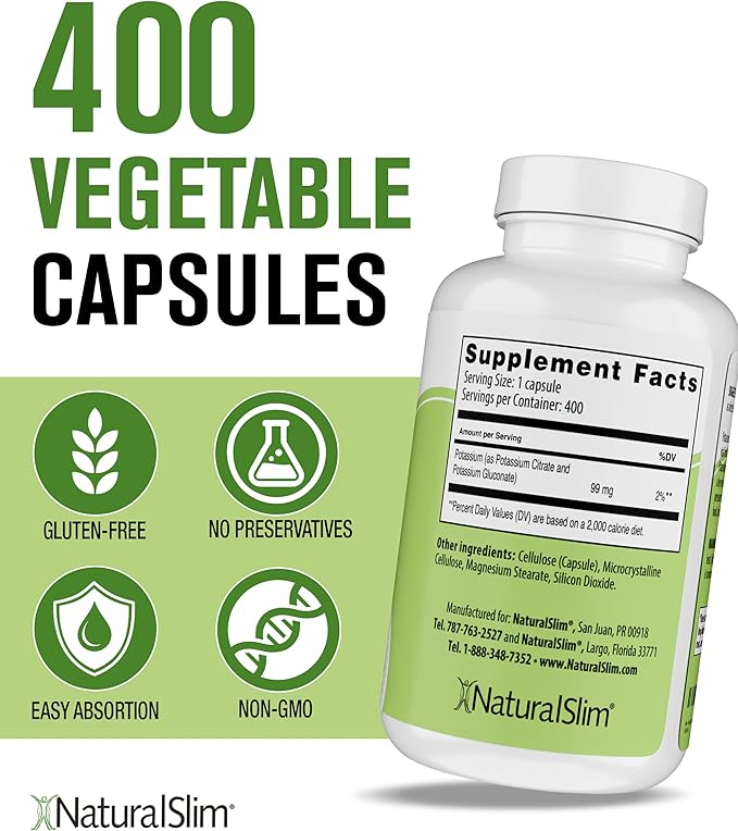 NaturalSlim Natural Potassium Citrate Gluconate 99 mg - Kadsorb Supports Electrolyte Balance &amp Normal pH - Absorbable Potassium Supplements with Essential Minerals - Non GMO 400 Capsules 3 Pack