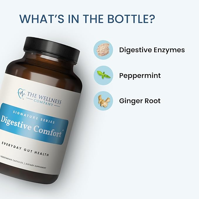 The Wellness Company Digestive Comfort - Bloat &amp Gas Relief Anti-Heart Burn IBS Fast Acting Gut Health - 5 Enzymes Peppermint &amp Ginger Root | 60ct (1 Month Supply)