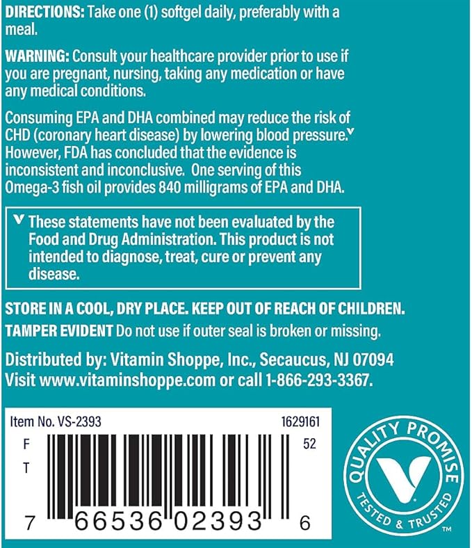 The Vitamin Shoppe Omega 3 Fish Oil 1100 mg EPA &amp DHA Softgels Unflavored Fish Oil Supplement for Men and Women Gluten Free Dairy Free 60 Softgels