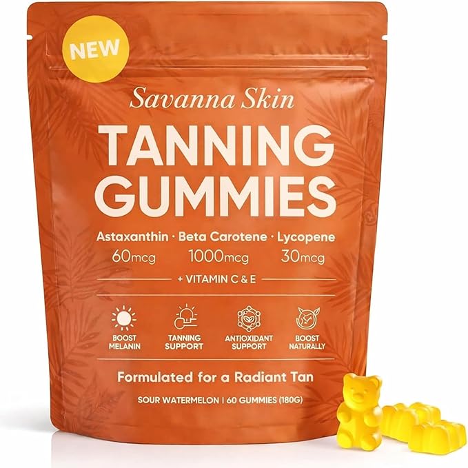 Savanna Skin Tanning Gummies with Vitamin C &amp E Astaxanthin Beta Carotene &amp Lycopene Blend Natural Looking Glow Bronzing Radiant Healthy Skin Non-GMO Vegan &amp Sugar-Free 60 Gummies