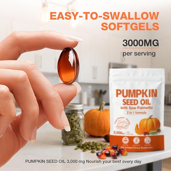 3000mg Max Strength Pumpkin Seed Oil + Saw Palmetto Capsules (300 Softgels) - Cold-Pressed Blend Supports Hair Growth Prostate Health &amp Urinary Tract Bladder Support Immune Boost Non-GMO