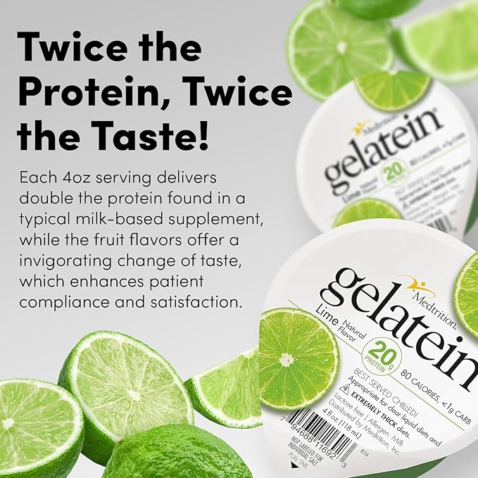Gelatein Lime: 20 grams of protein. Sugar free. Ideal for clear liquid diets swallowing difficulties bariatric dialysis and oncology. Great pre or post-workout snack. (36 pack)