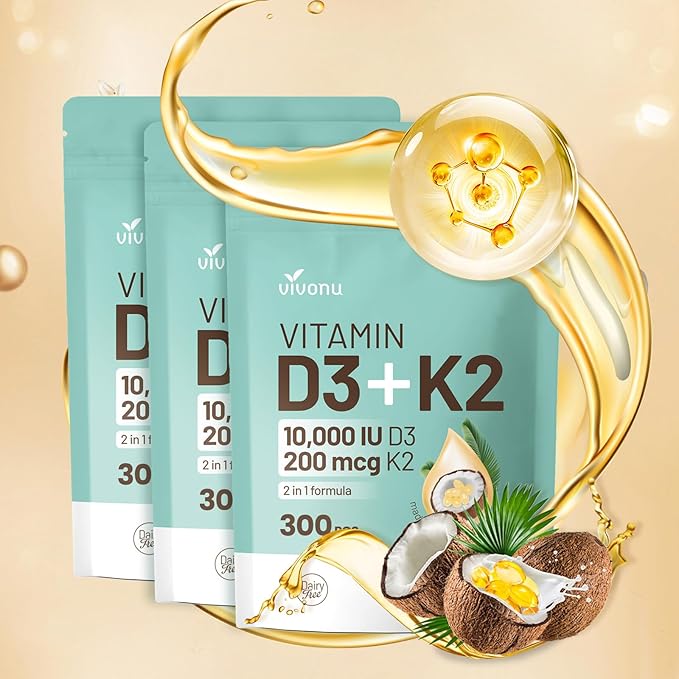 Vitamin D3 10000 iu Plus K2 (MK-7) 200 mcg 300 Coconut Oil Softgels| 2 in 1 VIT D &amp K Complex | Supports Calcium Absorption Bone Immune &amp Heart Health – Easy to Swallow (900 Softgels /3 Ba