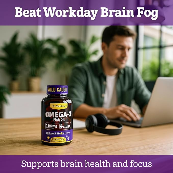 Omega-3 Fish Oil 3500 mg High EPA &amp DHA – No Fishy Taste Easy to Swallow Burpless Natural Lemon – Supports Heart Brain &amp Joint Health – 90 Softgels – Wild Caught.