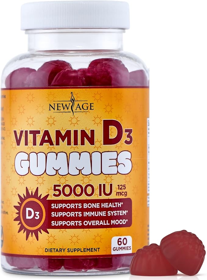 NEW AGE Vitamin D3 5000 IU 125mcg Gummies - Immune Supplement - Non-GMO Gluten-Free Dairy-Free No Gelatin (60 Gummies (Pack of 1))