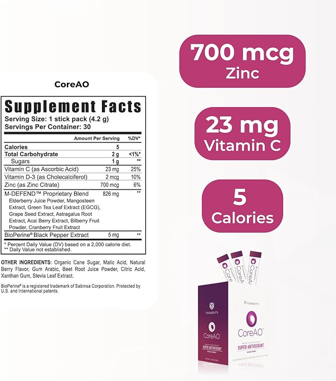 Youngevity Official CoreAO Stiks – Antioxidant Superfood Supplement - Vitamin C D3 and Zinc - Immune Support Berry Flavor On-the-Go Stick Packs Non-GMO Gluten-Free and Low-Calorie – 30 Servings