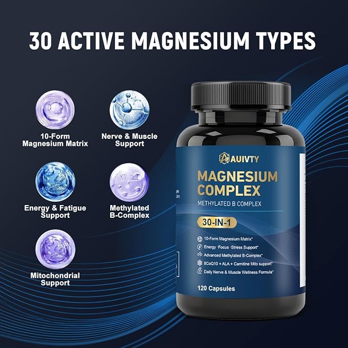Magnesium Complex 30-in-1 10 Forms of Magnesium + Methylated B-Complex with CoQ10 Alpha Lipoic Acid &amp L-Carnitine 120 Capsules