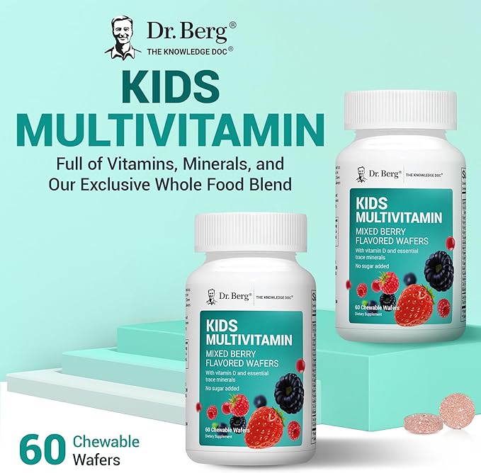 Dr. Berg Kids Chewable Multivitamins (NOT Sweetened w/Sugar) - Daily Multivitamin for Kids that Includes 20 Nutrients &amp Trace Mineral Complex - Mixed Berry Chewable Vitamins for Kid - Red Wafers