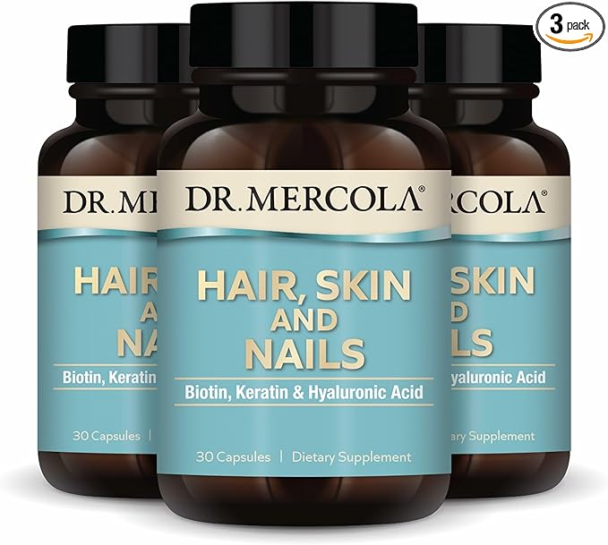 Dr. Mercola Hair Skin and Nails - Provides Biotin Keratin &amp Hyaluronic Acid - Premium Quality - Supports Healthy Aging - Non-GMO Gluten-Free &amp Soy-Free - 30 Capsules (3 Pack)