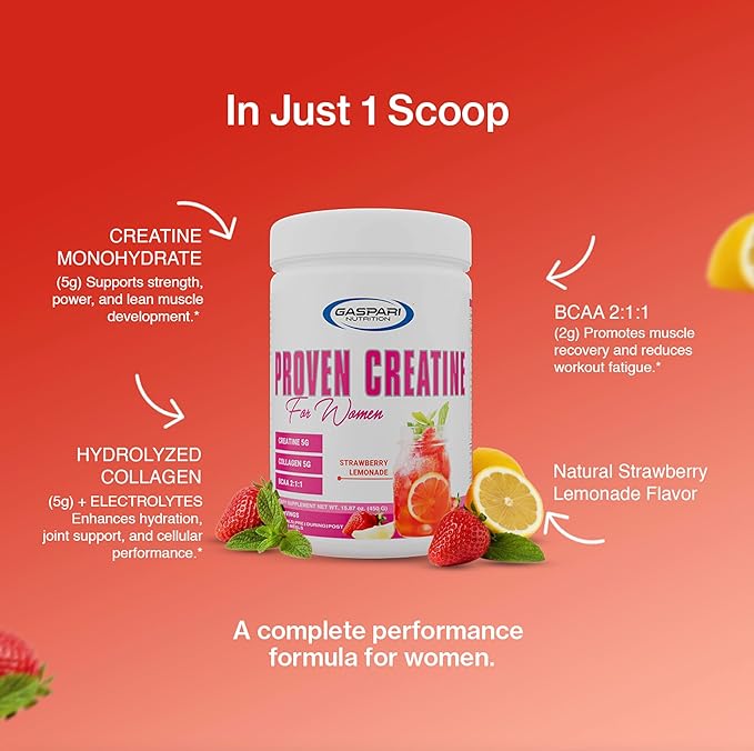 Gaspari Nutrition Proven Creatine for Women 5g of Creatine 5g of Collagen Vitamin C and Collagen Clean Natural Formula Electrolytes for Hydration (30 Servings Strawberry Lemonade)