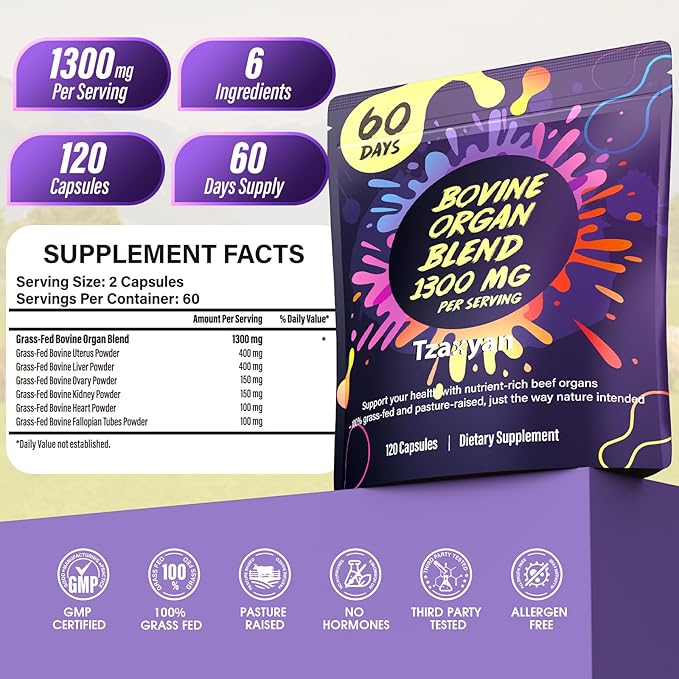 1300MG Beef Organ Supplement for Women 100% Grass Fed Beef Liver Uterus Ovary &amp 3 More Bovine Organ Capsules for Supports Women's Overall Endocrine Balance Energy Immunity 60 Days