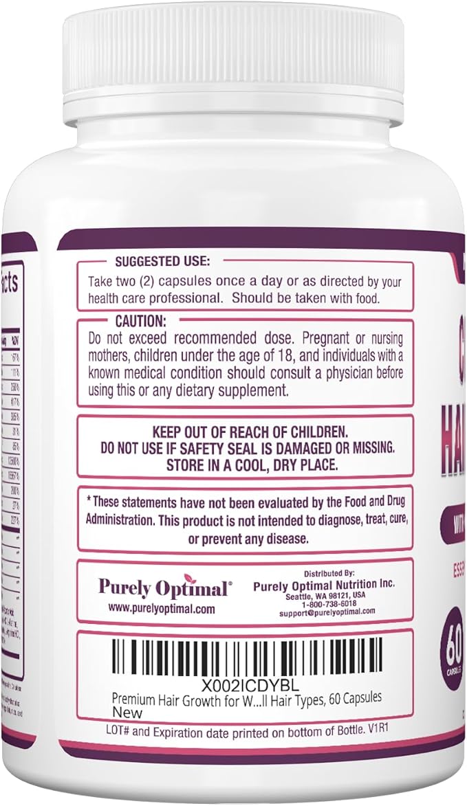 Purely Optimal Hair Growth Vitamins – Supports Thicker Stronger Hair Growth Healthy Skin &amp Nails – Biotin Collagen Keratin – Easy-to-Take Unflavored 60 Capsules