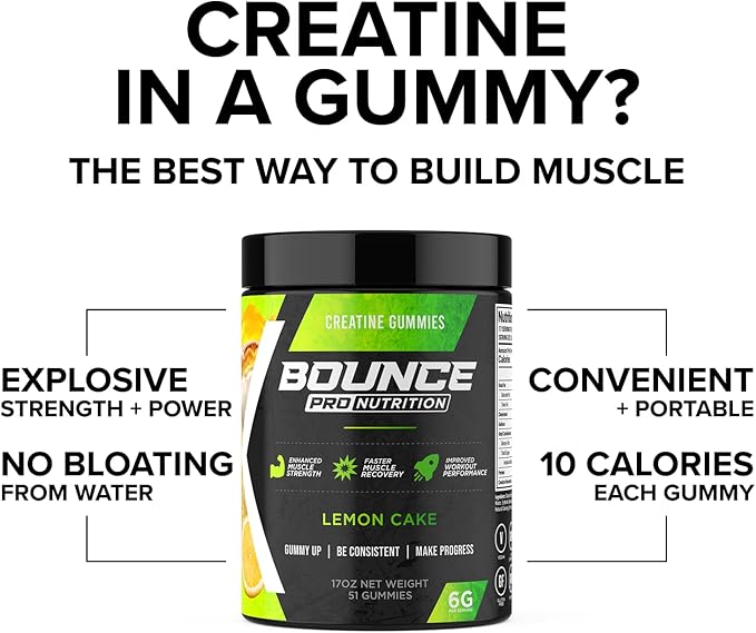 Bounce Pro Creatine Monohydrate Gummies for Men &amp Women Low Calorie 6G of Creatine per Serving Vegan Anti-Melting Gluten-Free Non-GMO (51 Count (Pack of 1) Lemon Cake)
