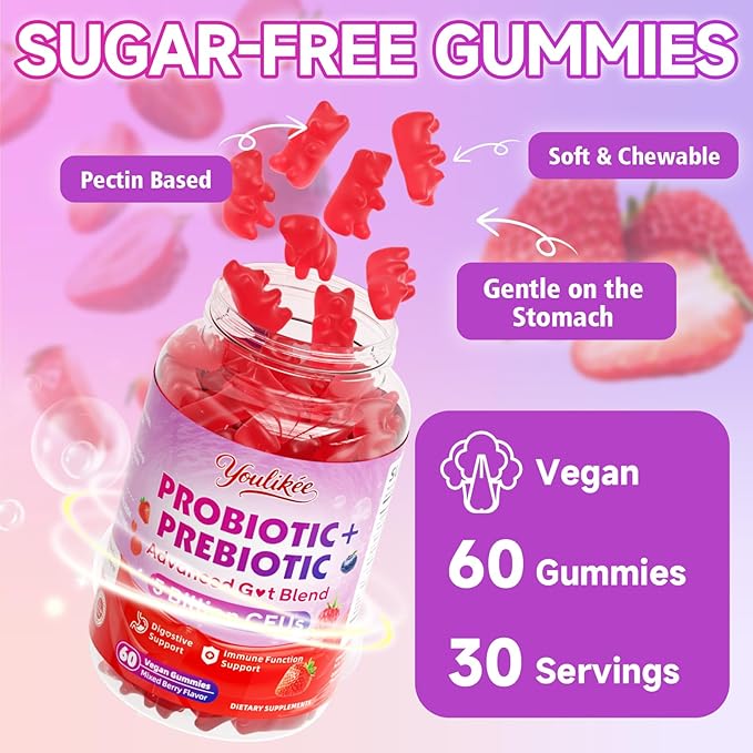 2 Pack Prebiotic + Probiotic Gummies for Women and Men Probiotic Gummies Supports Gut Health 5 Billion CFUs with Fibers Vegan Sugar-Free 120 Count