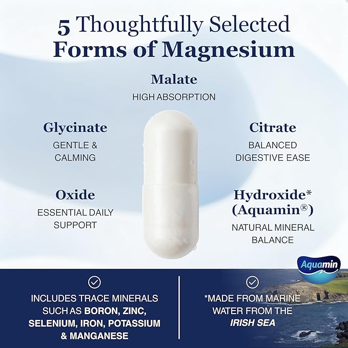 Spectrum 5 Magnesium Complex for Women &amp Men – 5 Magnesium Complex Supplement with Glycinate Malate Citrate &amp Hydroxide for Sleep Muscle Recovery &amp Calm – 500mg Vegan – 60 Capsules