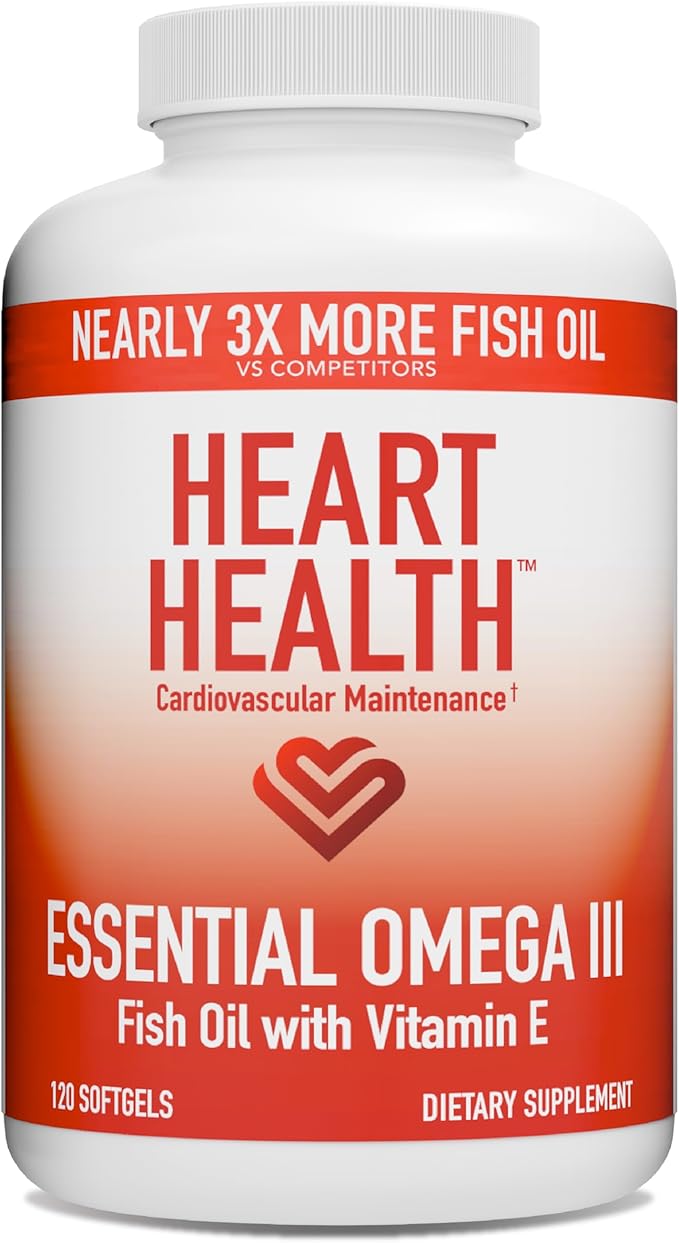 Heart Health Essential Omega III Fish Oil with Vitamin E – High EPA &amp DHA for Heart Triglyceride &amp Blood Flow Support Lemon Oil Gluten-Free Non-GMO 60 Servings