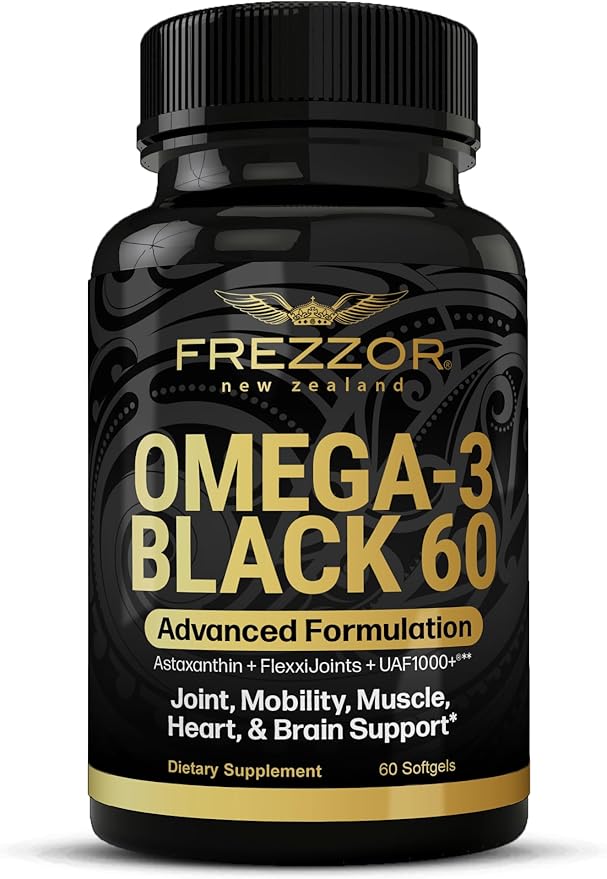 FREZZOR Omega 3 Black for Joint Care &amp Comfort - New Zealand Green Lipped Mussel Oil Capsules 53x Higher Potency with UAF1000+ Super Antioxidant No Fishy Aftertaste 1-Pack 60 Softgels