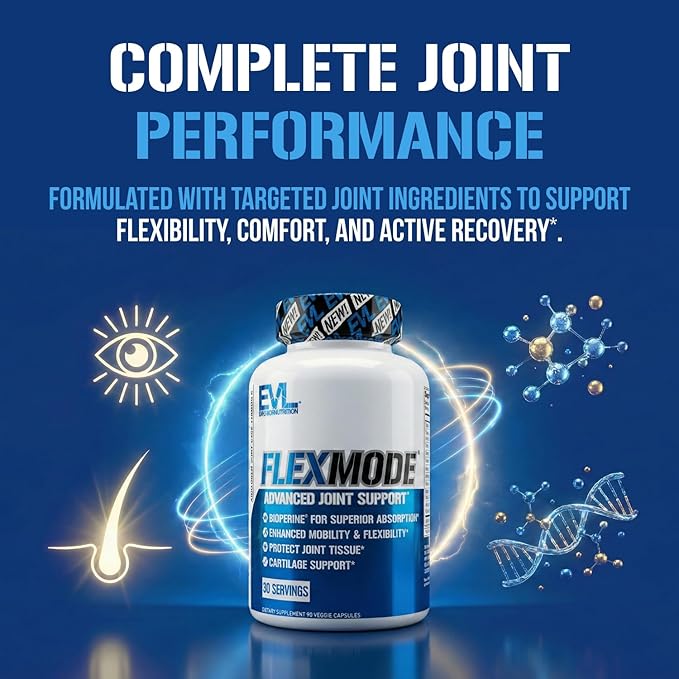 Evlution High Absorption Joint Support Supplement FLEXMODE Joint Supplement with Advanced Joint Vitamins Including Glucosamine Chondroitin MSM Boswellia and Hyaluronic Acid - 30 Servings