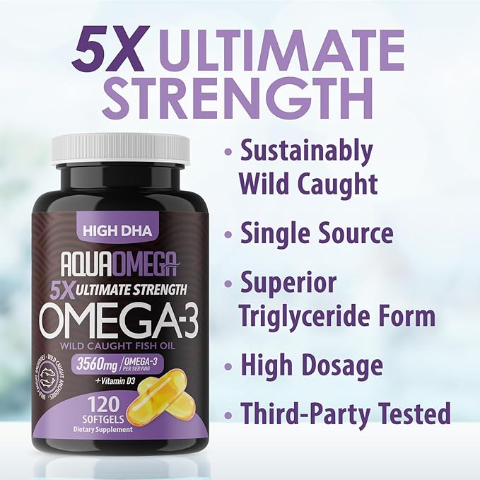5X Ultimate Strength Omega 3 Fish Oil Supplements with High DHA and EPA Omega 3 Fatty Acids Fish Oil Supplement with Vitamin D and No Fishy Aftertaste 120 Softgels