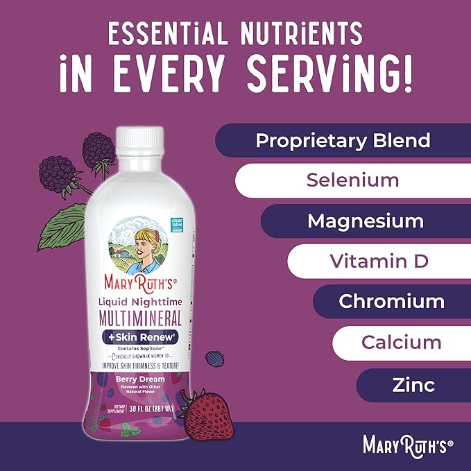 MaryRuth's Liquid Nighttime Liquid Multimineral + Skin Renew | Clinically Shown in Women to Reduce Fine Wrinkle &amp Improve Skin Firmness | Sepitone | NO Melatonin | Magnesium | Vegan | 30 Servings