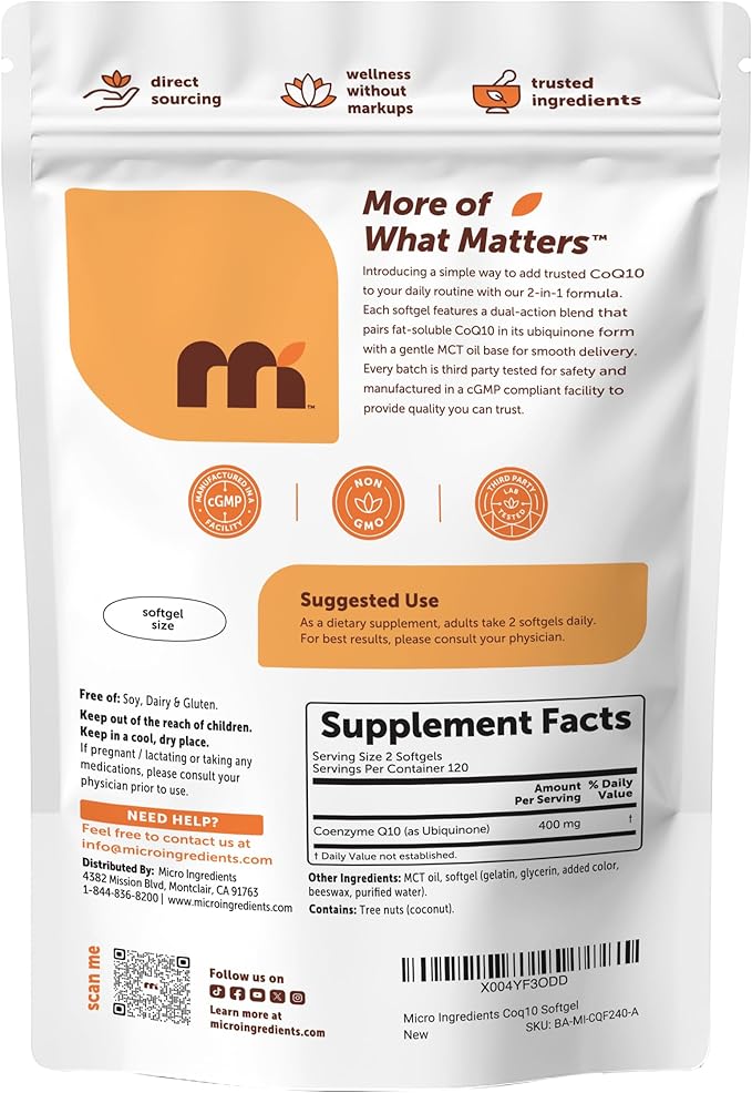 Micro Ingredients CoQ10 400 mg Per Serving 240 Softgels | Made with Coconut MCT Oil | Coenzyme Q10 (Ubiquinone) | Non-GMO