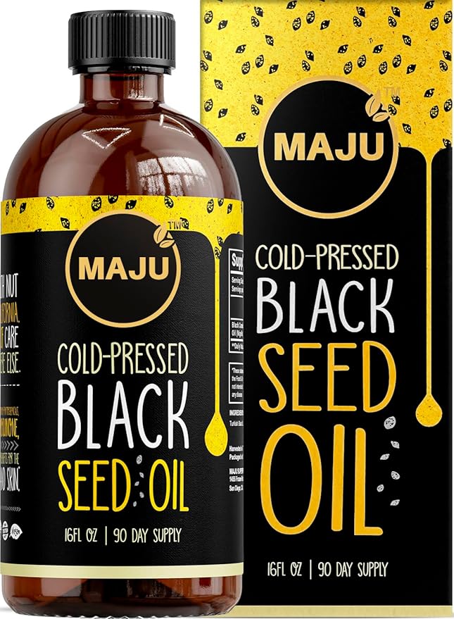 MAJU's Black Seed Oil 16oz: 3X Thymoquinone Cold Pressed 100% Turkish Black Cumin Nigella Sativa Seed Oil (Better Than Organic) Non-GMO 100% Liquid Pure Blackseed Glass Bottle