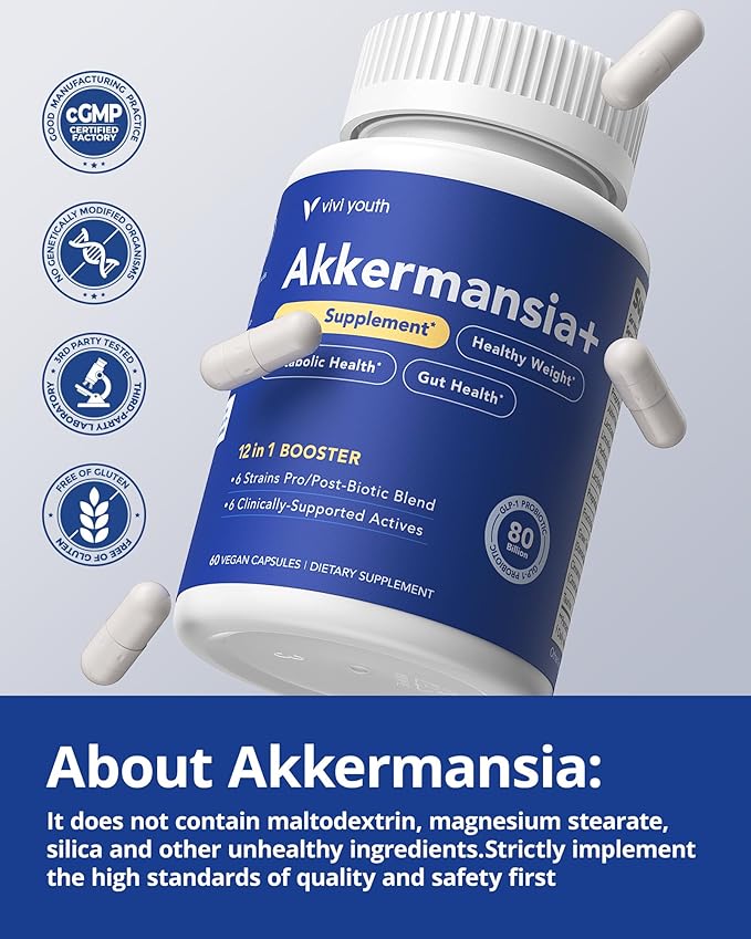 Akkermansia Muciniphila Probiotic Supplement with 80 Billion Probiotic Prebiotics EGCG Delayed Release Metabolism Gut Health for Women &amp Men 60 Vegan Capsules