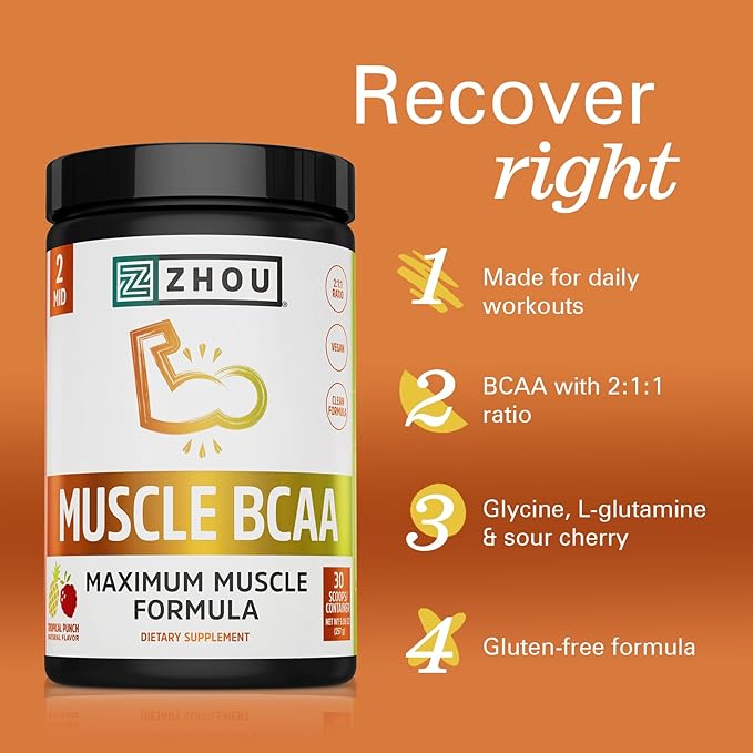 ZHOU Muscle BCAA - Vegan BCAA Powder BCAA Supplements for Men &amp Women Support Muscle Health Drink for Energy All Natural Branched Chain Aminos - Tropical Punch 11.6 oz (30 Servings)