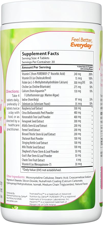 Zahler Postnatal Flow for Advanced Lactation Support Breastfeeding + Postnatal Support 120 Tablets.