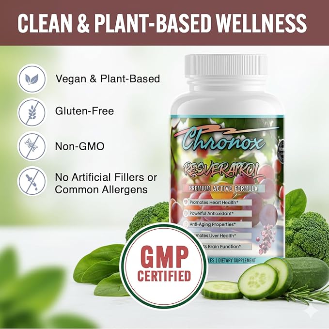 Chronox 600mg Resveratrol Supplement – Plant-Based Antioxidant from Polygonum Cuspidatum – Vegan Non-GMO Gluten-Free – 60 Capsules