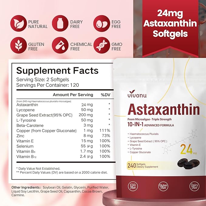 10 in 1 Astaxanthin Supplements 24mg 8 Month Supply Astaxantina Antioxidant from Haematococcus Pluvialis Contains Lycopene Grape Seed Vitamin E &amp More Supports Eye Joints Skin Health 2 Ba