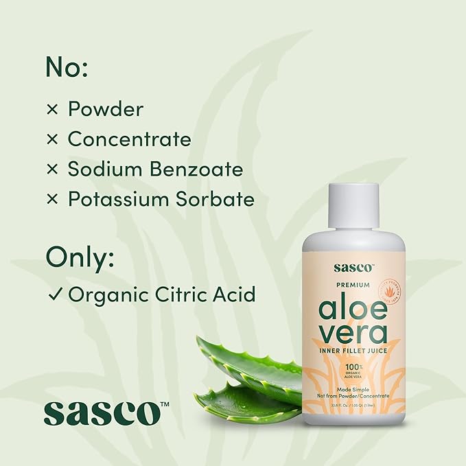 100% Organic Aloe Vera Juice – Inner Fillet Only Naturally Preserved Not from Concentrate Supports Digestive &amp Immune Health – 1L Bottle by Sasco