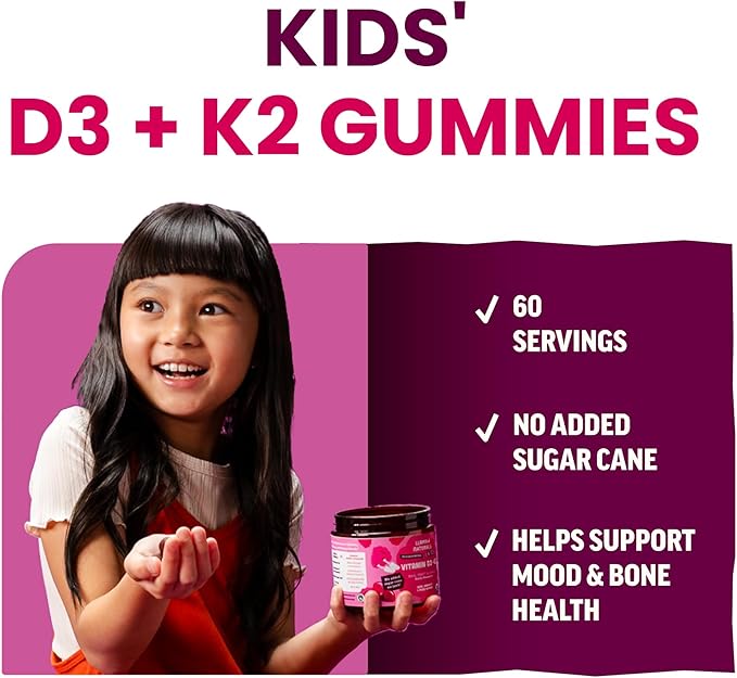 Llama Naturals Vitamin D3 K2 Gummies for Kids Vegan Organic Children Toddler Vitamin D Gummies Real Fruit Gummy Vitamins No Added Sugar Cane Raspberry 120 Ct
