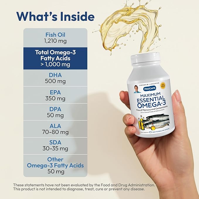ANDREW LESSMAN Maximum Essential Omega-3 Unflavored 60 Softgels - Ultra-Pure Omega-3 Fish Oil 1200 mg-High DHA No Mercury Supplement-Small Easy to Swallow Fish Oil Capsules