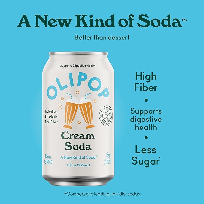 OLIPOP Prebiotic Soda Pop Cream Soda A New Kind of Soda Packed with Prebiotics Fiber and Botanicals Gluten Free GMO Free 12oz (12-Cans)