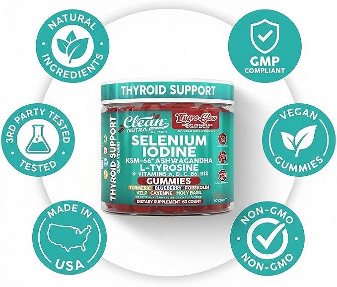 ThyroGlow Thyroid Support Gummies Selenium Iodine KSM 66 Ashwagandha L Tyrosine Vitamin D C B12 B6 Turmeric Blueberry Holy Basil Folate Bladderwrack By Clean Nutra