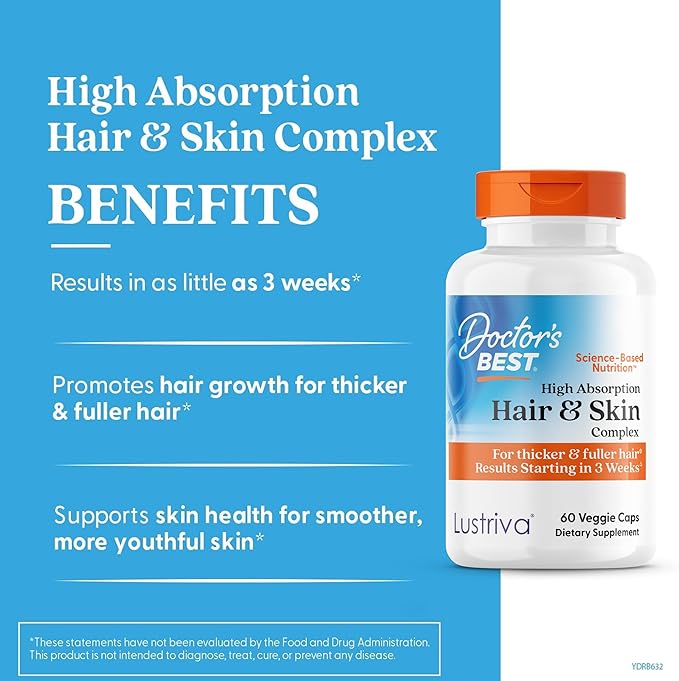 High Absorption Hair &amp Skin Complex Clinically Shown to Grow Thicker Healthier Hair in 3 Weeks Supports Hair Growth &amp Skin Health Non-GMO Gluten Free Soy Free Vegan 60 Veggie Capsules