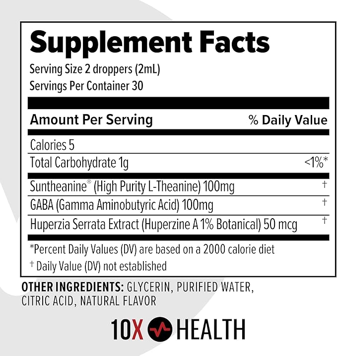 10X Health Calm L Theanine Supplement Liquid Drops - 100mg L'Theanine Drops &amp 100mg GABA Supplements to Support Nerves Calm &amp Stress - Natural Flavor 2.03 Fl oz.