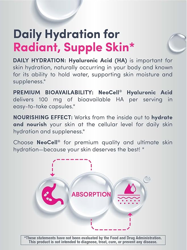 NeoCell Hyaluronic Acid Capsules | 60 Pills | 100mg | Advanced Formula Supplement | Skin Hydration &amp Suppleness