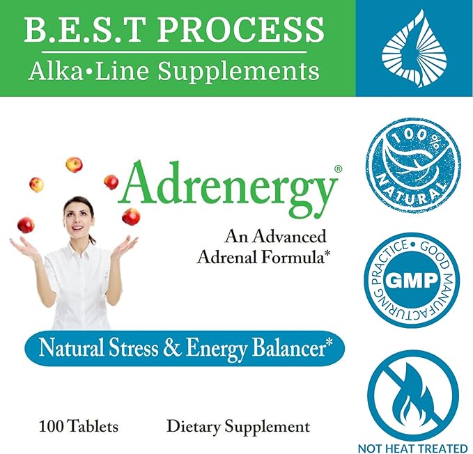Adrenergy (12 Pack) Best Process Alkaline — Natural Adrenal Support with Adrenal Gland Extract Adaptogens Vitamins &amp Minerals