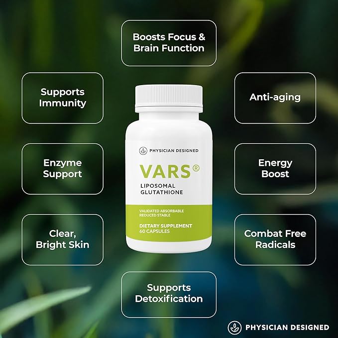 Physician Designed VARS Liposomal Glutathione Capsules - Patented Antioxidant Liquid Dietary Supplement Anti-Aging Detoxification Fortify Immune System Energy Management Skin Brightening 60 count