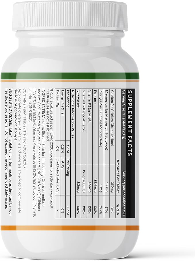 INLIFE Calcium Magnesium Zinc Vitamin D K2 Folic Acid &amp B12 Vegetarian Tablets Bone &amp Joint Support Supplement | Calcium Supplement for Women Men - 120 Tablets (Pack of 1)