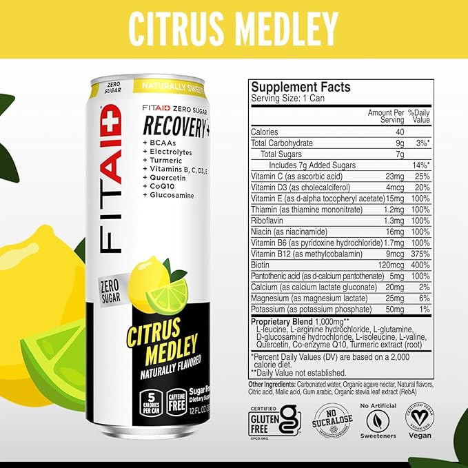 FITAID ZERO Keto-Friendly Number 1 Post-Workout Recovery Drink Contains Zero Sugar BCAAs Glucosamine 5 Calories 12 Fl Oz (Pack of 12)