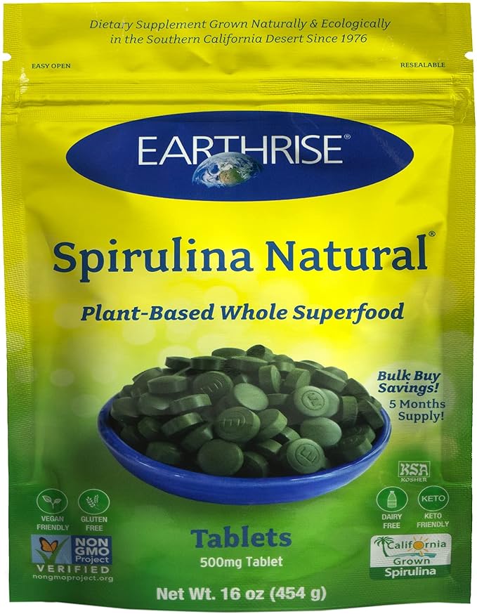 Earthrise Spirulina Pure Californian Spirulina 500 mg Vegan Gluten Free Keto Friendly Non -GMO Super Food high in Vitamins &amp Minerals. 1 LB Tablets (150 Serving)