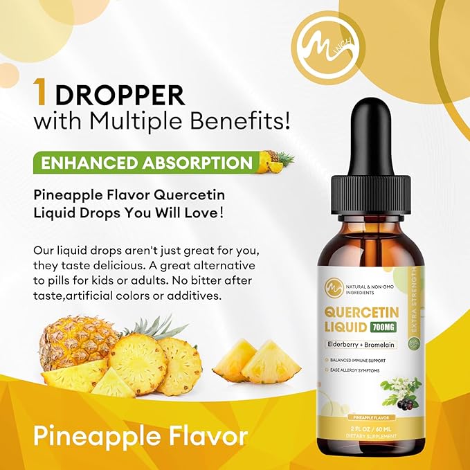 Quercetin Liquid Drops - Quercetin Supplements 700mg - 4X Stronger Than Pills &amp Capsules - 5 in 1 Quercetin with Bromelain Elderberry Vitamin for Immunity Health Respiratory Health Skin Care- 2 Fl