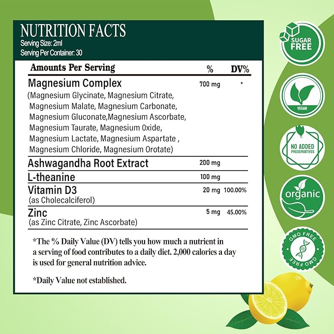2 Pack 12-in-1 Magnesium Complex Liquid Drops Chelated Magnesium Citrate Glycinate Taurate Malate Aspartate w. Ashwagandha Theanine D3 &amp Zinc for Relaxation Sleep Immune Health &amp Muscle Funct