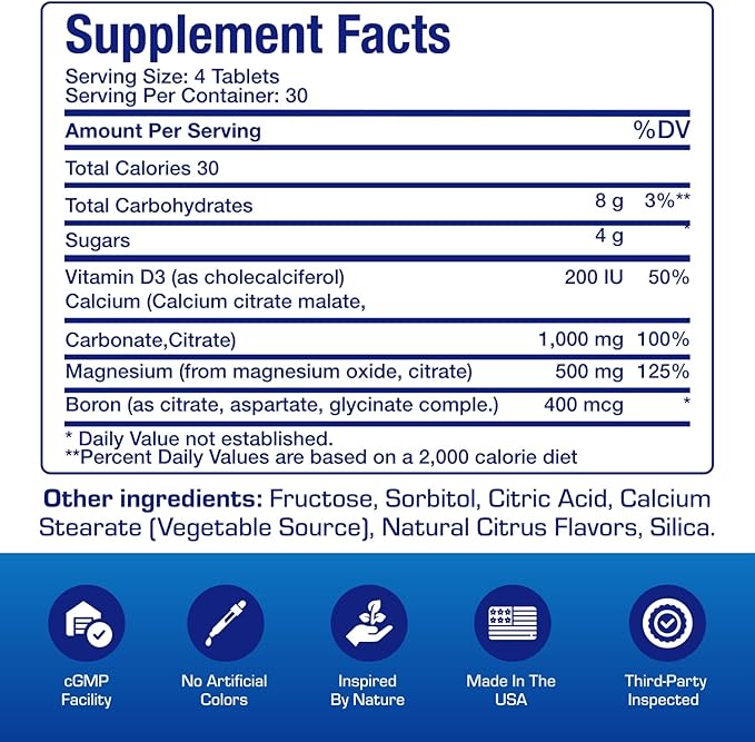 Chewable Calcium Supplement for Women - Clinical Bone Supplement with Chewable Calcium with Vitamin D Magnesium and Boron Complex for Bone Health &amp Strength Support - Made in The USA - 30 Servings