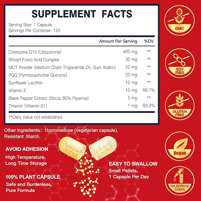 DRFOSTER CoQ10 400mg with PQQ &amp Shilajit - High Absorption with Bioperine Coenzyme Q10 - Powerful Antioxidant with Vitamin E for Heart &amp Brain Health and Energy-Production